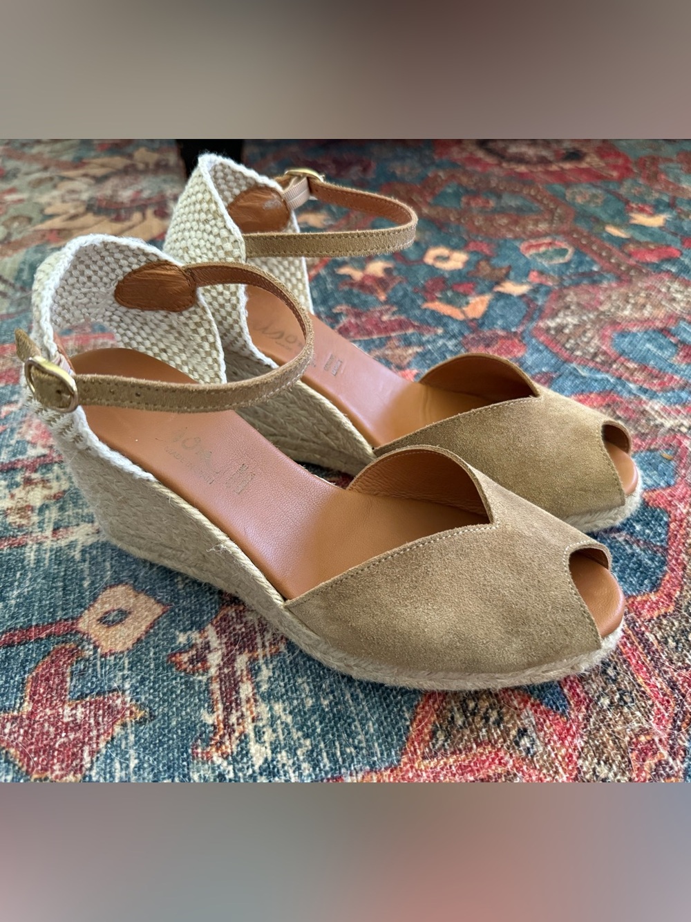 Dalson Peep Toe Wedge Espadrille Sandals in Tan Suede Made in Spain